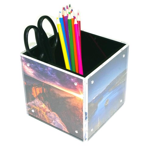 HESIN 4-side Acrylic Photo Block Cube Tabletop Pen holder Desktop Storage Organizer for Office, Classroom, Home, Kids , Picture Frame for 5" x5" photo size