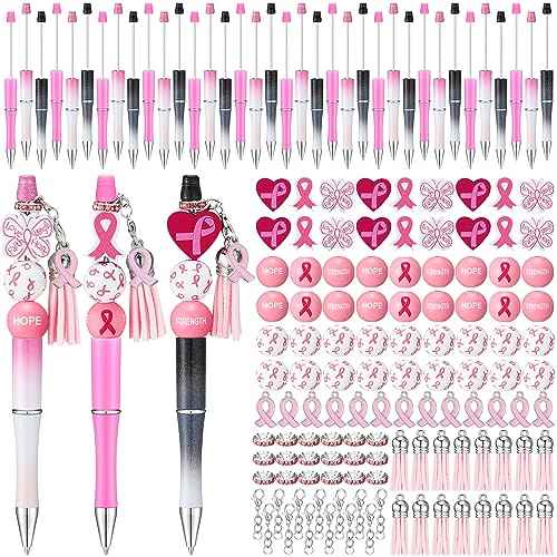Colarr 60 Pcs Pink Ribbon Beadable Pen Breast Cancer Awareness Bulk Items Plastic Beadable Pens Breast Cancer Pens DIY Pens Making Kit DIY Beaded Pen for Students Women Girls Office School Supplies