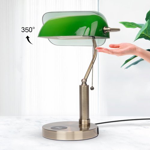 FIRVRE Glass Bankers Desk Lamp with Wireless Charger, 2 USB Charging Port, Vintage Desk Lamp with Pull Chain Switch, Retro Table Lamps for Home Office, Piano, Library (LED Bulb Included)