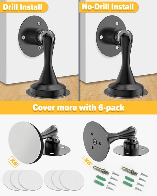 Door Stoppers Magnetic Door Catch - 6 Pack Stainless Steel Heavy Duty Door Holder Stops for Bottom Top of Door - Wall Floor Mounting No Drill Strong Adhesive & Screws Strong Magnet Keep Door Open