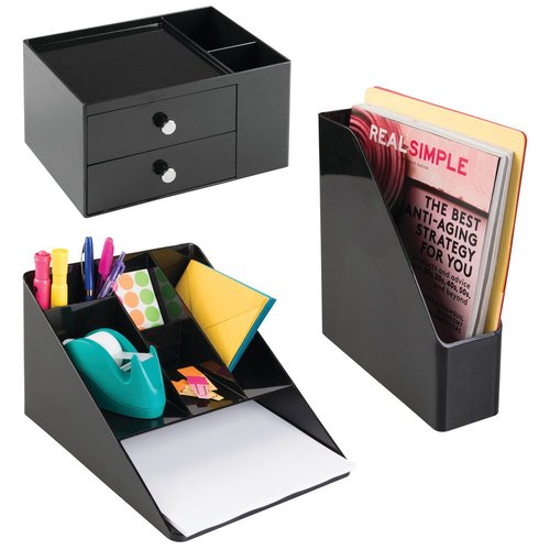 iDesign Office Supplies Desk Organizer, for Staplers, Scissors, Pens, Markers, Highlighters, Notepads - 2 Drawers, Black