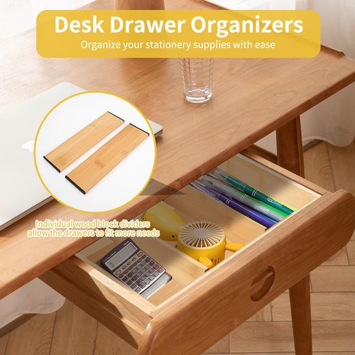 IUMLXJO 5PCS Bamboo Drawer Organizer with Adjustable Wood 2 Drawer Dividers, Stackable Makeup Desk Junk Storage Boxes Container Trays with 7 Grid for Kitchen Utensils,Bathroom, Office