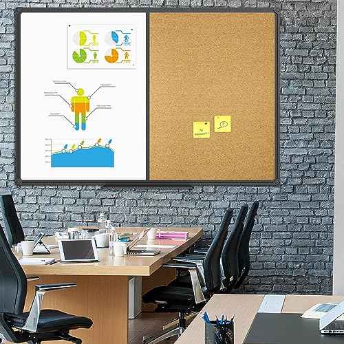 JILoffice White Board & Bulletin Corkboard Combination, Combo Board 48 x 36 Magnetic Whiteboard, Black Aluminum Frame Wall Mounted Board for Office Home and School with 10 Push Pins