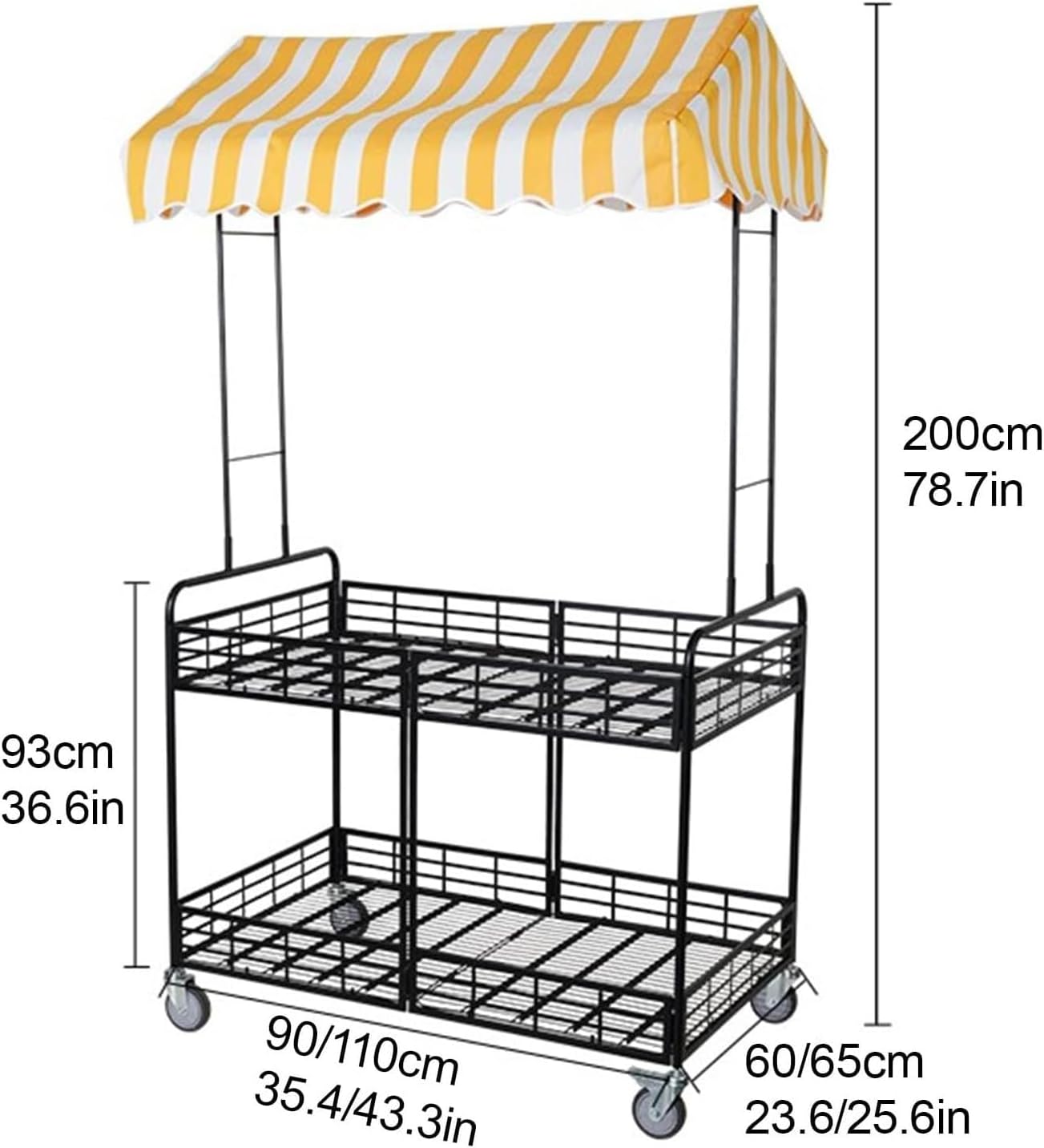 Skiennix Folding Vendor Stall Cart - 2-Tier Mobile Food Display Stand with Canopy | Lockable Wheels, Pink & White, 35.4in