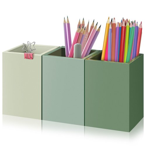 Motiskyy 3 Pcs Sage Green Wooden Pen Holder for Desk Pencil Cup Desktop Organizer Storage Case Makeup Brush Holder Accessories Supplies for Office Home Study Room(Sage Green)