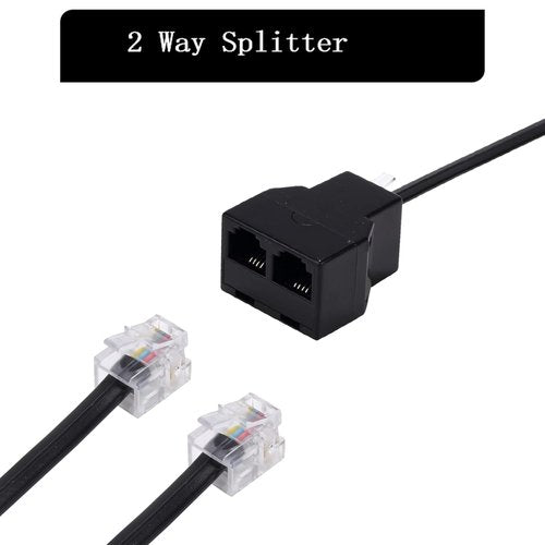 Phone Line Splitter - RJ11 6P4C Plugs for Telephones & Fax Machines | Black 2-Pack