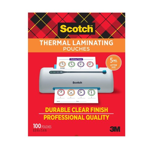 Scotch Thermal Laminating Pouches, 100 Count, Clear, 5 mil, Laminate Business Cards, Small Banners, Essays, Office or School Supplies, Fits Letter Size 8.9x11.4 in Paper