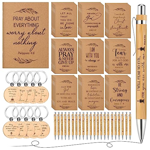 Seajan 60 Sets Christian Gifts Bulk, Bible Verse Notebooks, Christmas Pens with Wooden Keychains, Appreciation Gifts, for Halloween Medical Assistant Pastor Church Employee Coworker