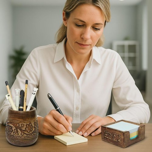 Mie Creations Set of 2 Pen Holder and Sticky Note Holder for Office Desk Organizer, Wooden Desktop Accessories Decor, Handmade Floral Rustic Pencil Stand & Post it Note Dispenser, Aesthetic Stationery