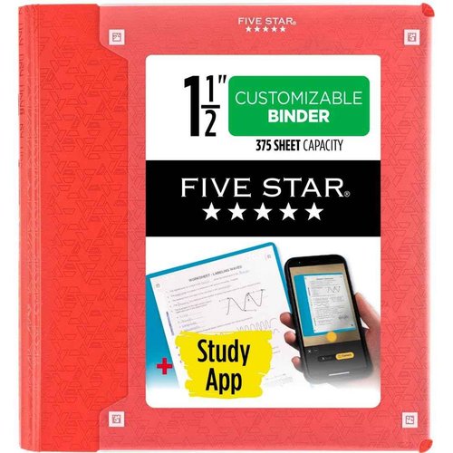 Five Star 3-Ring Binder + Study App, 6 Pack, 1-1/2 Inch Binder with D Rings and Customizable Clear View Cover, 375 Sheet Capacity, Assorted Colors (261460-23)