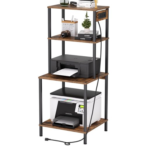 Printer Stand with Charging Station, 49" Tall 4-Tier Printer Stand with Storage, Large Printer Table for Home Office, Kitchen, Living Room, PrinterCart Beside Desk for Printer, Scanner (Rustic Brown)