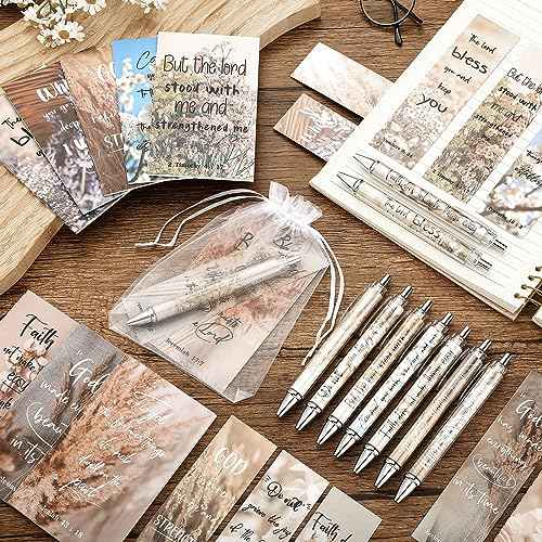 Yeaqee 200 Pcs Christian Gifts Set Church Favors Include 50 Bible Verses Bookmarks Book Markers 50 Ballpoint Pens 50 Bible Notebooks 50 Organza Bags Christian Gifts Bulk for Women