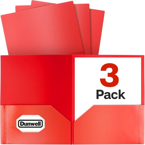 Dunwell Plastic Folders - Durable 2 Pocket Poly Folders with Removable Labels | Red, 3 Pack for School & Office