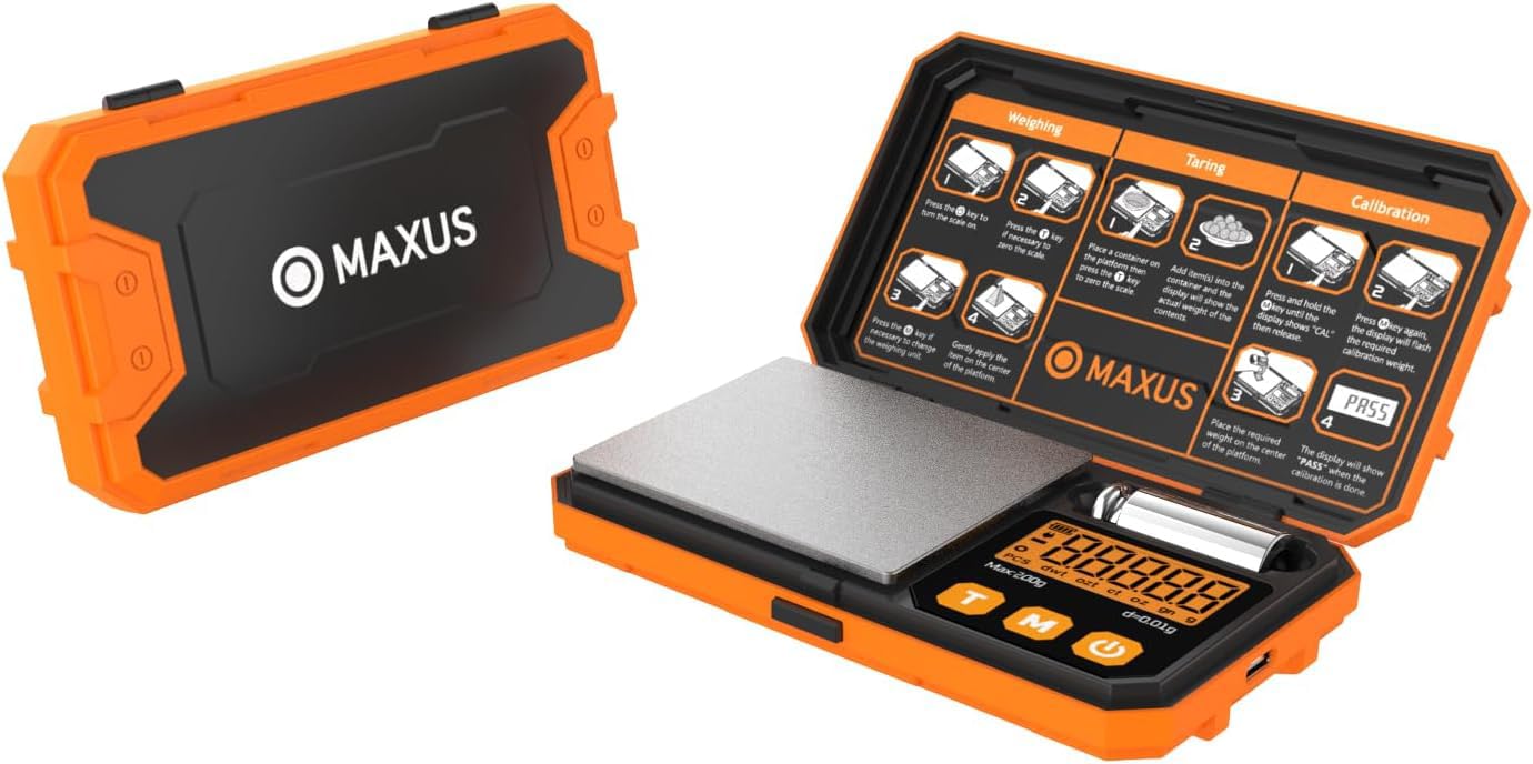 MAXUS Pocket Scale, 200g x 0.01g, with 50g Calibration Weight and USB Cable