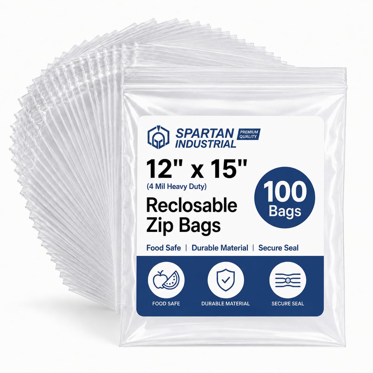 Spartan Industrial - 12” X 15” (100 Count) 4 Mil Thick Clear Reclosable Zip Plastic Poly Bags with Resealable Lock Seal Zipper - Heavy Duty and Durable