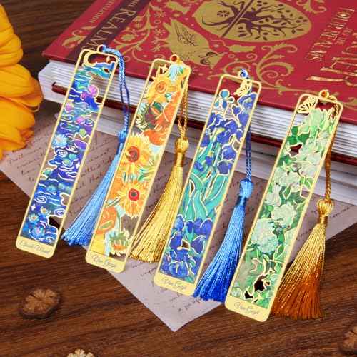 4pcs Metal Bookmarks with Tassel, Van Gogh Monet Oil Painting Theme Cute Book Markers for Reading Women, Book Lovers, Reading Accessories Gifts for Book Lovers