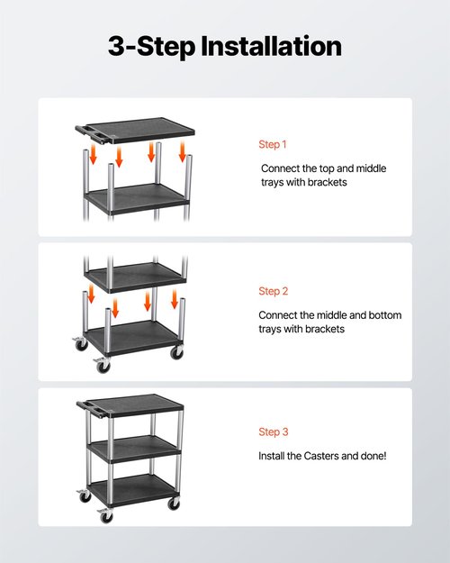 VEVOR Utility Cart, 300 lbs Load Capacity, 27.6 x 18.1-inch Service Cart, Three-Shelf Heavy Duty Plastic Utility Cart with 360° Swivel Wheels (2 with Brakes), Suitable for Warehouse, Garage, Cleaning