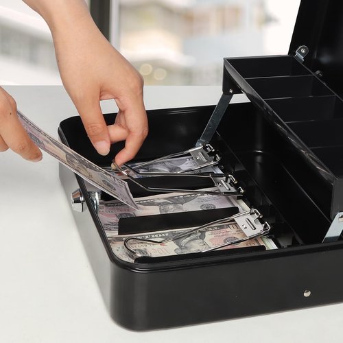 Jssmst Large Cash Box - Secure Money Organizer with Tray & Lock | 11.8" x 9.5" x 3.5", Black