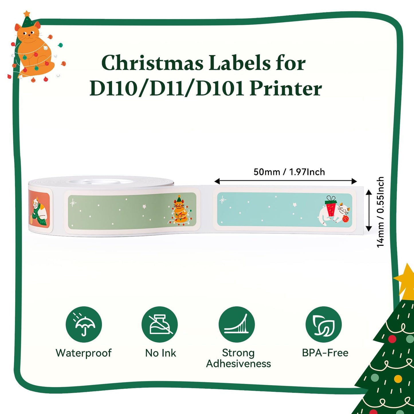 NIIMBOT Christmas Labels for D110/D11/D101 Label Maker,14 x 50 mm (0.55'' x 1.97''), Thermal Label Tape for Christmas Home Office Labeling, Meowy Xmas Pattern