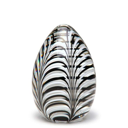 Ca D Oro Egg Glass Paperweight Black and White Feather Pattern Hand Blown Murano-Style Art Glass