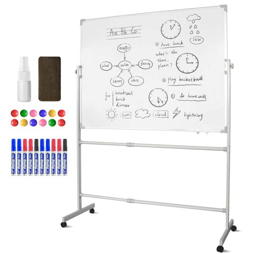 Mobile Double-Sided Whiteboard 48" x 36" with Stand, Portable Rolling Dry Erase Board, Includes 1 Eraser, 2 Markers, 4 Magnetic Pins, Aluminum Frame for Office, Home, School, Classroom