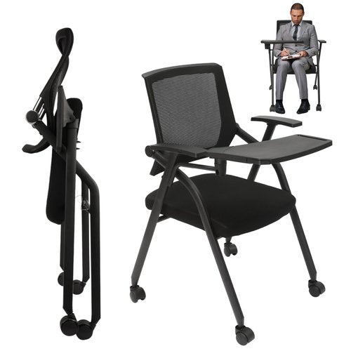 Tablet Arm Chair with Caster Wheels, Foldable and Stacking Office Reception Guest with Ergonomic Mesh Back and Arms for Meeting, Conference, Reception, Training Room & Home Office