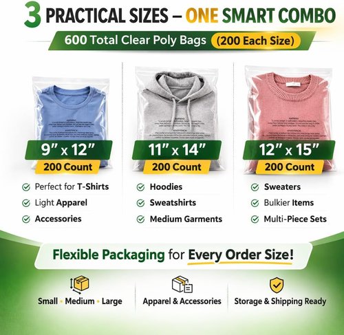 Clear Poly Bags 600 Count Combo Pack - Self-Seal Adhesive Storage & Shipping Bags (9x12, 11x14, 12x15) for Apparel & Retail