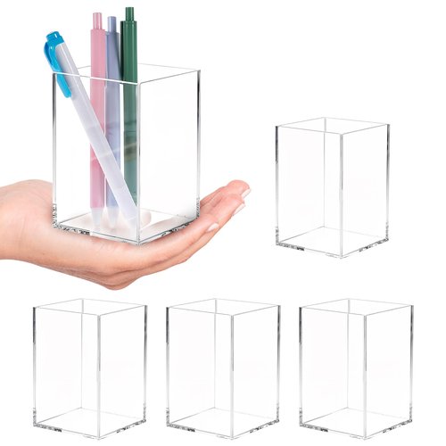 4 PCS Acrylic Pen Holder, Clear Pen Holder For Desk, Makeup Brush Holder Cup Organizer, Office Stationery Organizer, for Office School Makeup Desk