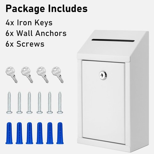 EIENHOSHI Metal Donation Box with Lock, Wall Mounted, Suggestion Box with 4 Iron Keys, White, Cash Drop Box with Slot, 1-Pack