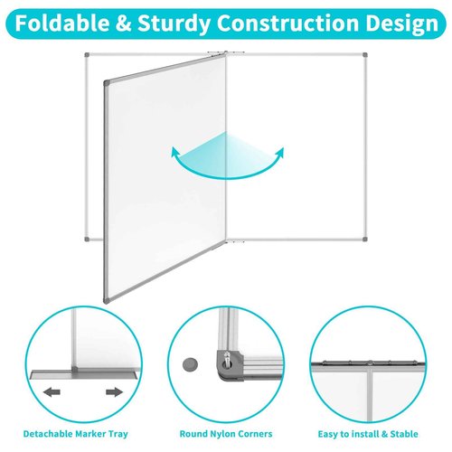 JILoffice Large Foldable White Board 60x40 Inches, Dry Erase Magnetic White Board, Silver Aluminum Frame with 2 Detachable Marker Tray Wall Mounted Board for Office Home and School