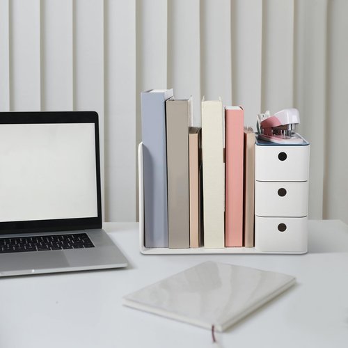 Operitacx Desk Organizer with File Holder, Desktop Storage Organizer with 2 Vertical File Holders, 3-Tier Drawers and Pen Holder for School Office Home Supplies