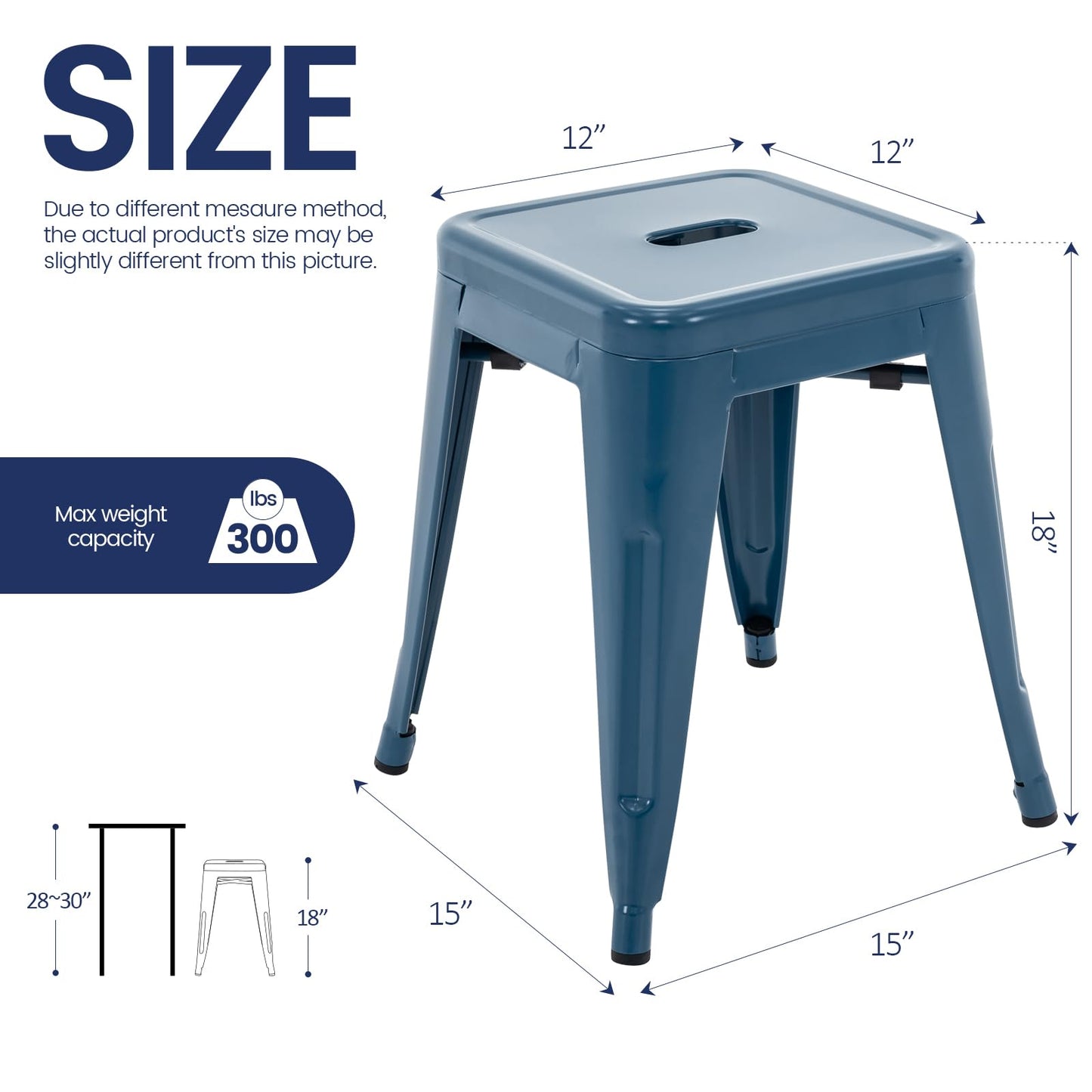 Brage Living 18 Inch Industrial Metal Stools Set of 4, Stackable Classroom Stools, Backless Metal Dining Chairs for Indoor Outdoor, Kitchen Short (Deep Blue)
