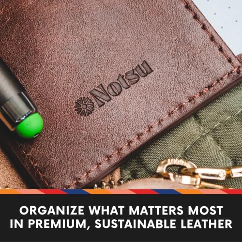 Notsu Dark Brown Vegan Leather Note Card Holder - 3x5 Inch with Magnetic Clip & Extra Pocket