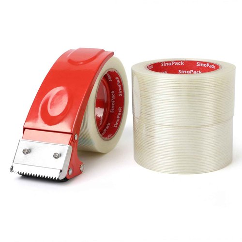 SinoPack Strapping Tape with Dispenser, 6 Pack 2 Inch x 30 Yards 5.5 Mil, Heavy Duty Reinforced Fiberglass Tape for Moving,Shipping,Storage