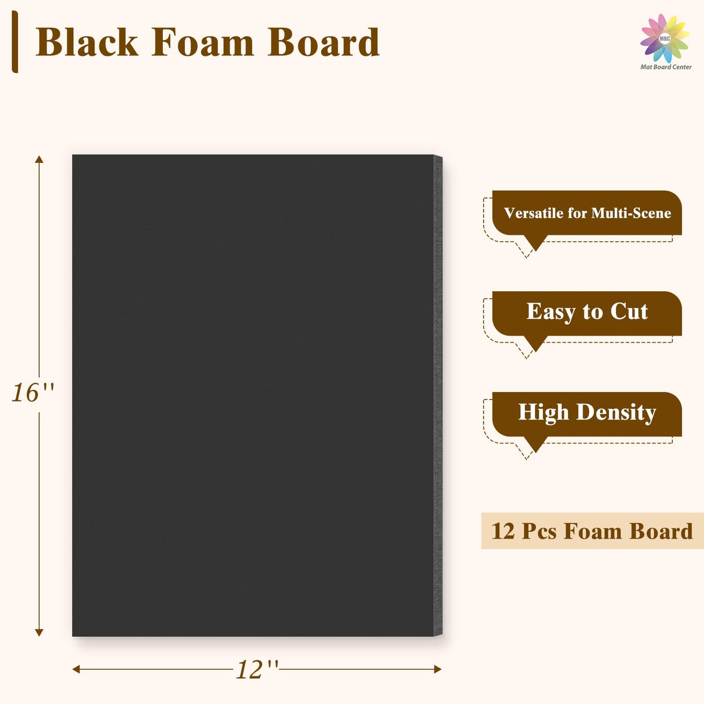 Mat Board Center, 12 Pack 12x16 Black Foam Boards, Acid Free Foam Core Board, 1/8 inch Thick