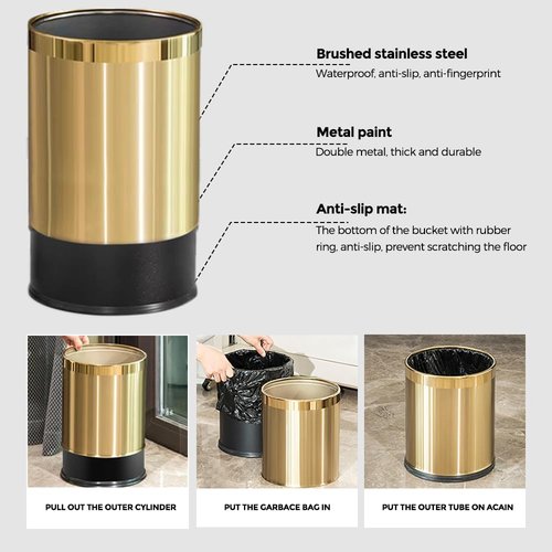 LEASYLIFE 2.6Gallon/10L Brass Gold Bathroom Trash Can - Gold Waste Basket for Bedroom, Office, Store - Metal Trash Bin Without Lid