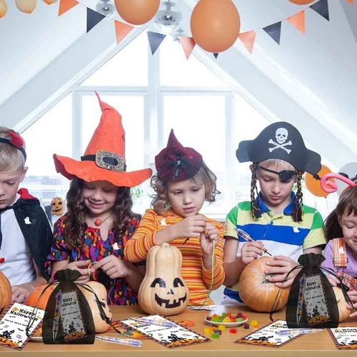 EYNDYN 48 Sets Halloween Gifts Bulk for Adults Pumpkin Ballpoint Pens Ghost Pins with Organza Bags Information Card for Halloween Theme Party Supplies School Office Home Present Party Favor