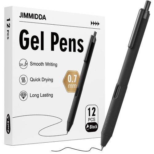 JIMMIDDA 12 Pack Black Pens - 0.7mm Gel Pens Black Ink Quick-Drying Smooth Writing - Comfort Grip Retractable Pen for Journaling, Cute School & Office Supplies Home Work (12 Count, Black Ink)