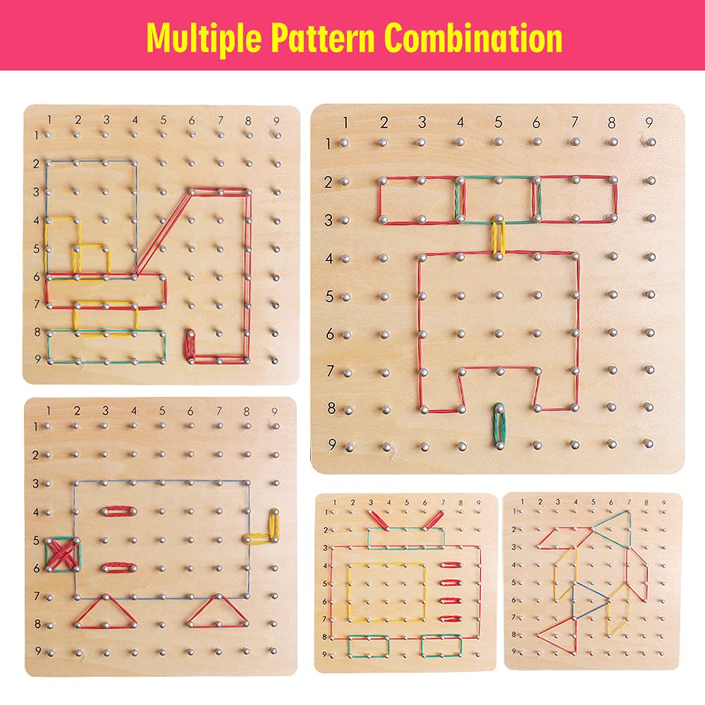 Skrtuan Wooden Geoboard with Pattern Cards & Rubber Bands, Montessori STEM Educational Toy for Kids 3-5 5-8 Years Old, Brain Teaser Puzzle Game for Geometry Learning and Creative Shapes