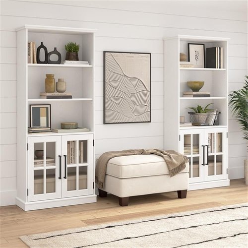 Bush Furniture Westbrook 32W Storage Cabinet with Glass Doors in White Ash | Versatile Storage for Home Office and Living Room