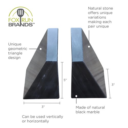 Fox Run 100% Natural Polished Marble Bookends, Black, Set of 2, Smaller Triangular