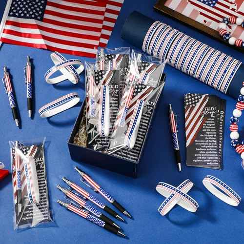 180 Pcs Veterans Day Gifts American Flag Ballpoint Pens Red White Blue Patriotic Stars Stripes Stationery Gift Silicone Wristband Bookmarks for Patriot Memorial Heroes Supplies