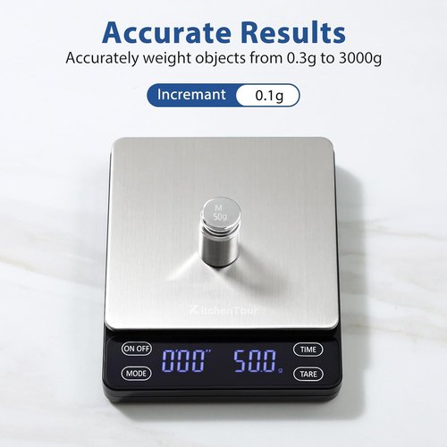 KitchenTour Nano Coffee Scale - High Precision 3kg/0.1g Timer for Espresso & Pour Over | Backlit LCD Display