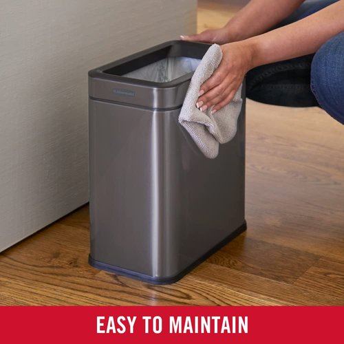 Rubbermaid 2.6-Gallon Charcoal Stainless Steel Wastebasket, Slim Space-Saving Design, Ideal for Home/Office/Bathroom
