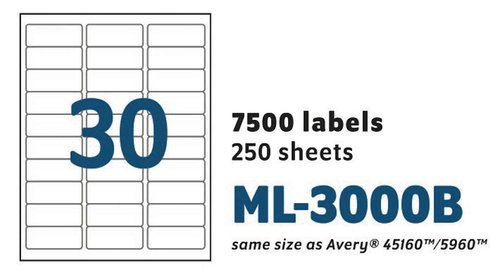 MACO Printable Labels for Mailing - Laser/Ink Jet Compatible Shipping Address Labels, 30 per Sheet, 1" x 2-5/8", Box of 250 Pages/7500 Labels, White