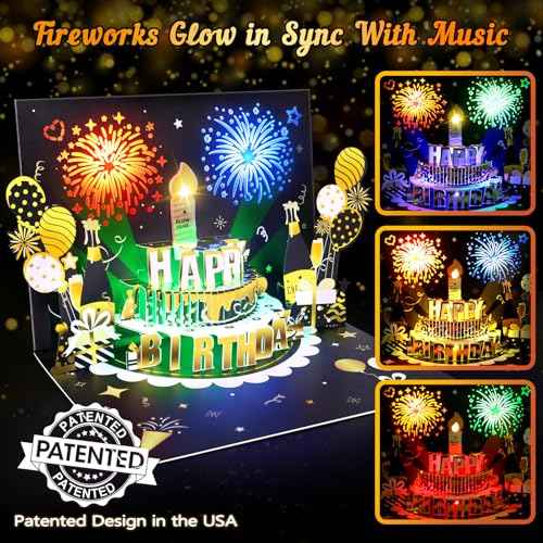DIY Age Birthday Cards, 3D Pop-Up Firework Birthday Cards with Music & LED Lights, Happy Birthday Gifts for Mom, Women, Men, Kids, Dad, Father, Wife