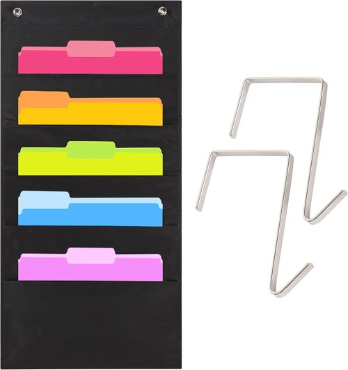 Hippo Creation Heavy Duty Storage Pocket Chart - 5 Pocket Organizer with Over-Door Hangers | Black
