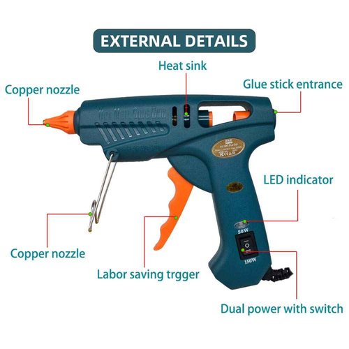 Full Size Hot Glue Gun Nozzle Set, 50/150 Watts Dual Power with ON-OFF Switch, Include 5 Copper Gun Tips and 1 Small Wrench, Craft Repair Tool Professional Melting Glue Gun Use .43" Glue Sticks