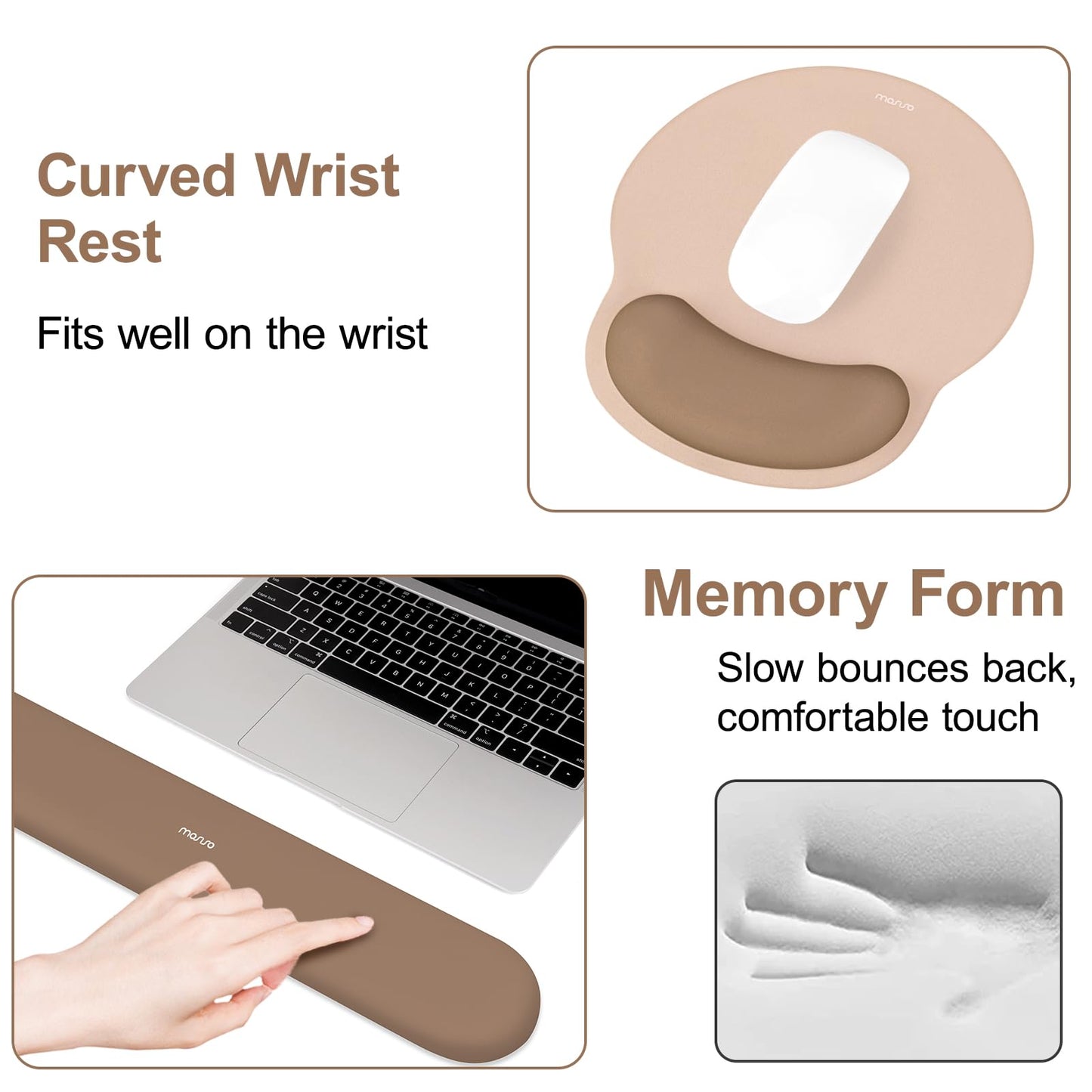 MOSISO Wrist Rest Support for Mouse Pad&Keyboard Set, Circle Curved Ergonomic Mousepad&Coaster Non-Slip Base Home/Office Pain Relief&Easy Typing Pad with Soft Cloth&Silicone Lining, Mocha