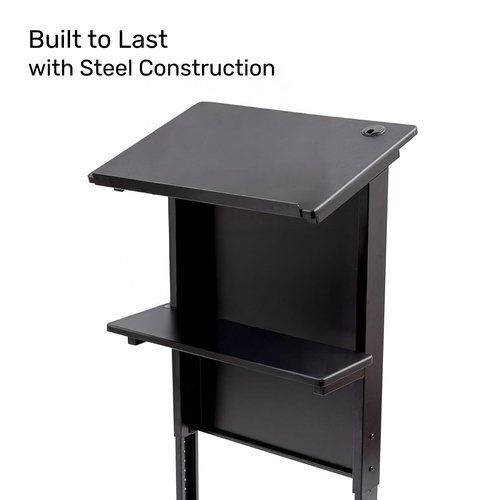 Stand Up Adjustable Height Lectern Podium | Rolling Desk with Storage Shelf | Ergonomic Standing Desk Frame for Office, Classroom, Laptop, Teaching, Presentations & More (Black)